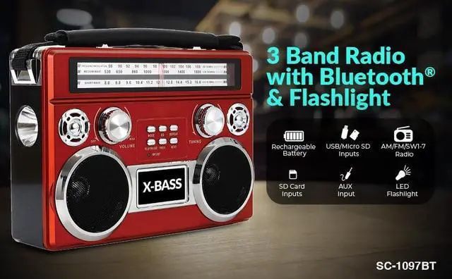 Alt view image 12 of 16 - Supersonic SC-1097BT Retro AM/FM/SW 3-Band Portable Radio /Bluetooth/Flash Light