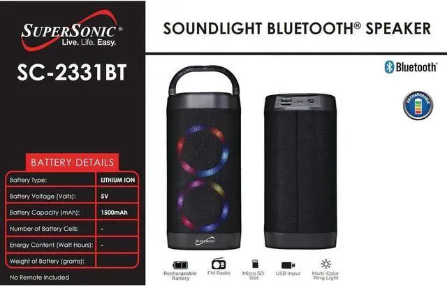 Alt view image 6 of 7 - Supersonic SC-2332BT Soundlight Bluetooth Speaker, Stream from Any Device, USB/SD Playback, FM Radio, Vibrant Ring Light
