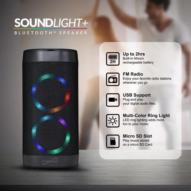 Alt view image 5 of 7 - Supersonic SC-2332BT Soundlight Bluetooth Speaker, Stream from Any Device, USB/SD Playback, FM Radio, Vibrant Ring Light