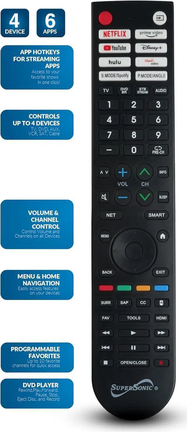 Alt view image 4 of 7 - Supersonic SC-326 Universal Remote Control for Smart TV with HotKeys for Streaming, Controls 4 Devices