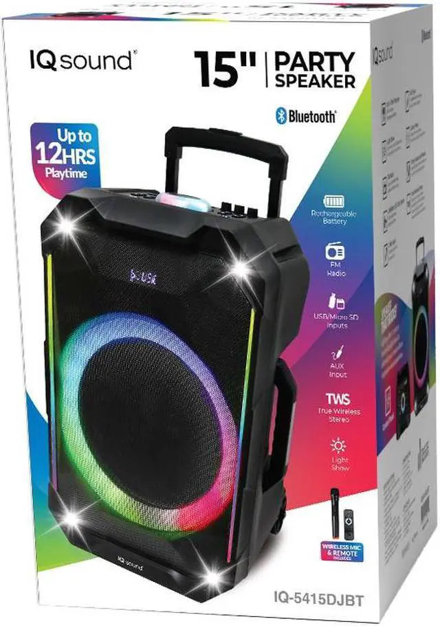 Alt view image 6 of 7 - IQ Sound IQ-5415DJBT 15-inch Portable Bluetooth Speaker, Built-in Bluetooth, TWS, FM Radio, Micro SD/USB/AUX/Mic Inputs