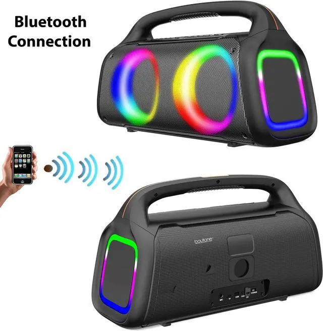 Alt view image 2 of 7 - Boytone Portable Bluetooth Speaker with LED DJ Lights, VHF Wireless Microphones, Remote Control, 60W Powerful Speaker, T