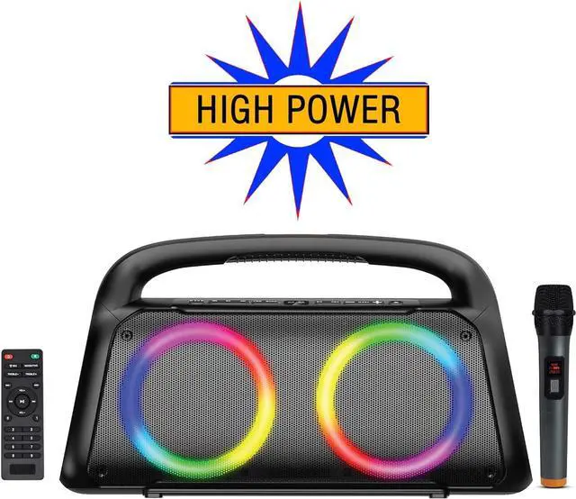 Alt view image 4 of 7 - Boytone Portable Bluetooth Speaker with LED DJ Lights, VHF Wireless Microphones, Remote Control, 60W Powerful Speaker, T