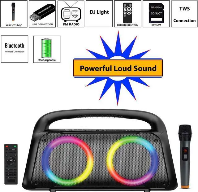 Alt view image 6 of 7 - Boytone Portable Bluetooth Speaker with LED DJ Lights, VHF Wireless Microphones, Remote Control, 60W Powerful Speaker, T