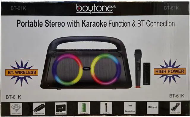 Alt view image 7 of 7 - Boytone Portable Bluetooth Speaker with LED DJ Lights, VHF Wireless Microphones, Remote Control, 60W Powerful Speaker, T