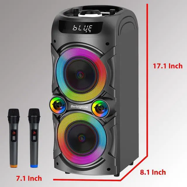 Alt view image 3 of 7 - Berlingtone Bluetooth Karaoke Machine Speaker System with 2 VHF Wireless Microphones, RGB DJ Lights, 100W Subwoofer BR-3