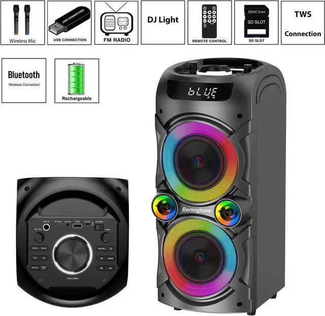 Alt view image 5 of 7 - Berlingtone Bluetooth Karaoke Machine Speaker System with 2 VHF Wireless Microphones, RGB DJ Lights, 100W Subwoofer BR-3