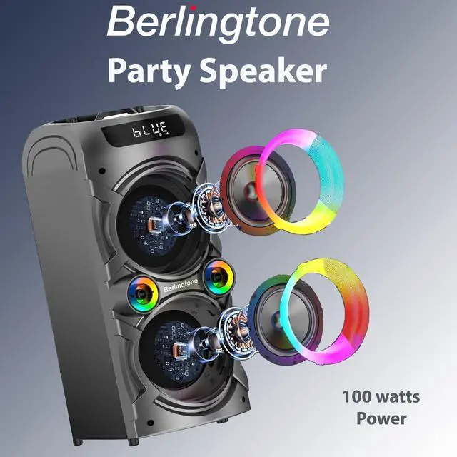 Alt view image 2 of 7 - Berlingtone Bluetooth Karaoke Machine Speaker System with 2 VHF Wireless Microphones, RGB DJ Lights, 100W Subwoofer BR-3