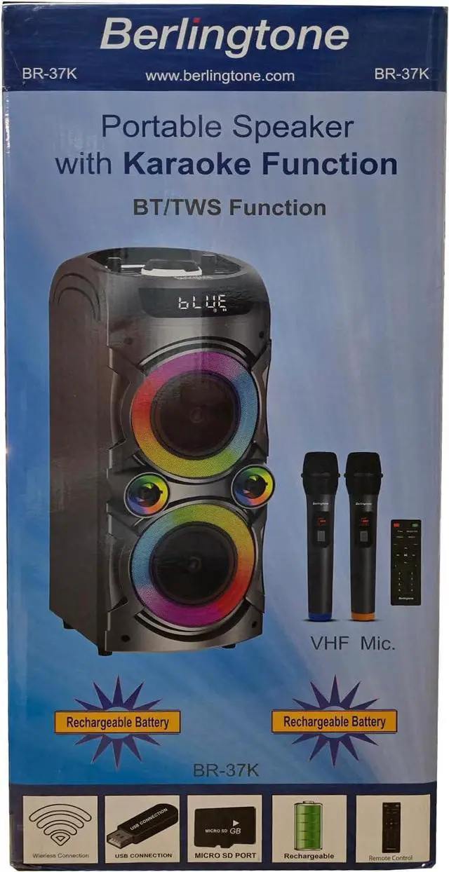 Alt view image 7 of 7 - Berlingtone Bluetooth Karaoke Machine Speaker System with 2 VHF Wireless Microphones, RGB DJ Lights, 100W Subwoofer BR-3
