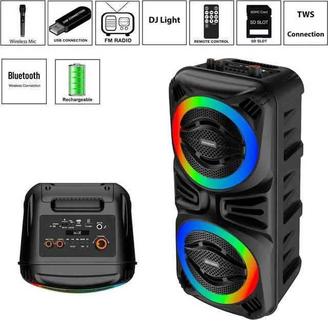 Alt view image 2 of 7 - Berlingtone Portable Bluetooth Speaker with Karaoke Function with VHF Wireless Microphones, DJ Lights, Remote Control BR