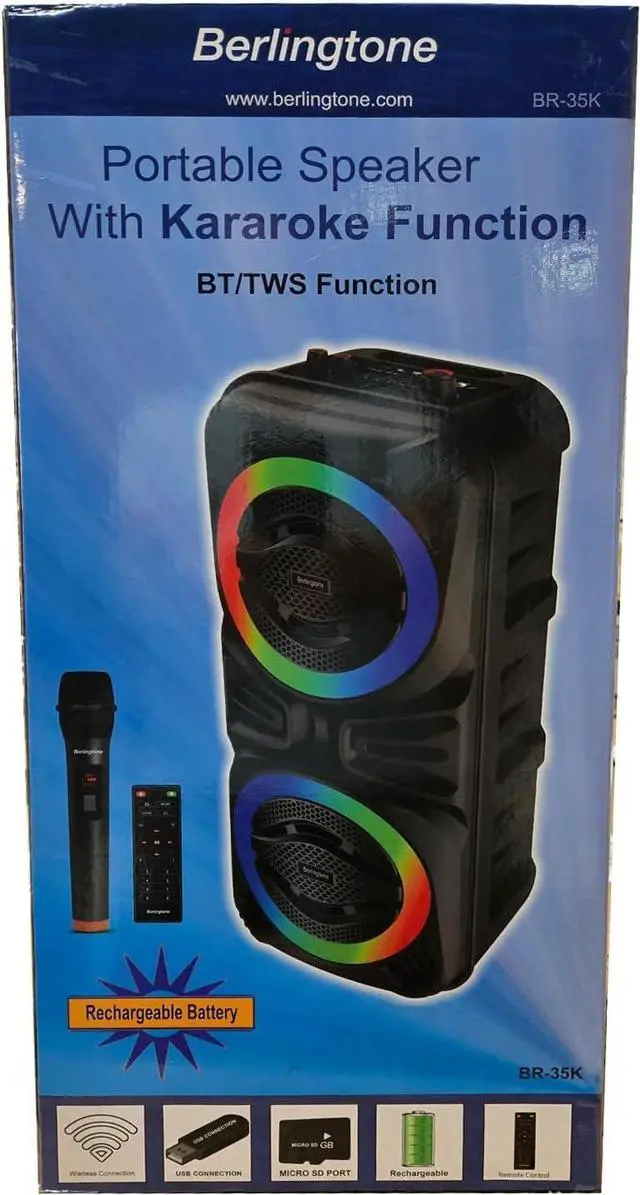 Alt view image 7 of 7 - Berlingtone Portable Bluetooth Speaker with Karaoke Function with VHF Wireless Microphones, DJ Lights, Remote Control BR