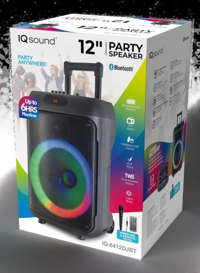 Alt view image 5 of 6 - IQ Sound IQ-6412DJBT 2 X 12-inch Portable Bluetooth Speaker, TWS, FM Radio, LED Lights, USB/Micro SD, Built-in Wheels, R
