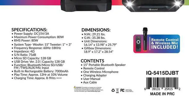 Alt view image 7 of 7 - IQ Sound IQ-5415DJBT 15-inch Portable Bluetooth Speaker, Built-in Bluetooth, TWS, FM Radio, Micro SD/USB/AUX/Mic Inputs
