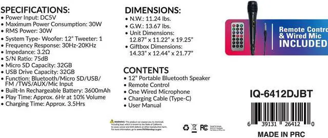 Alt view image 6 of 6 - IQ Sound IQ-6412DJBT 2 X 12-inch Portable Bluetooth Speaker, TWS, FM Radio, LED Lights, USB/Micro SD, Built-in Wheels, R