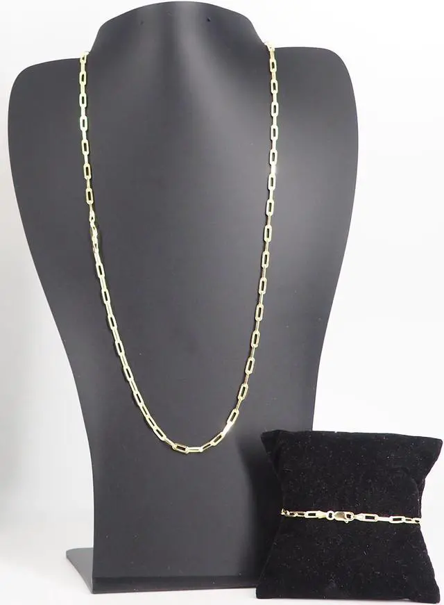 Main image of 14K Gold-Plated 0.925 Sterling Silver Paper Clip Chain Bracelet (7") & Necklace (22") Set, Made in Italy, Elegant Gift