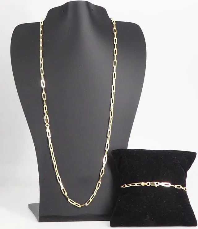 Main image of 14K Gold-Plated 0.925 Sterling Silver Paper Clip Chain Bracelet (7") & Necklace (20") Set, Made in Italy, Elegant Gift