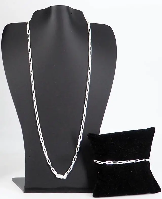 Alt view image 2 of 7 - Solid 925 Sterling Silver Paper Clip Chain Bracelet (7") & Necklace (20") Set Made in Italy