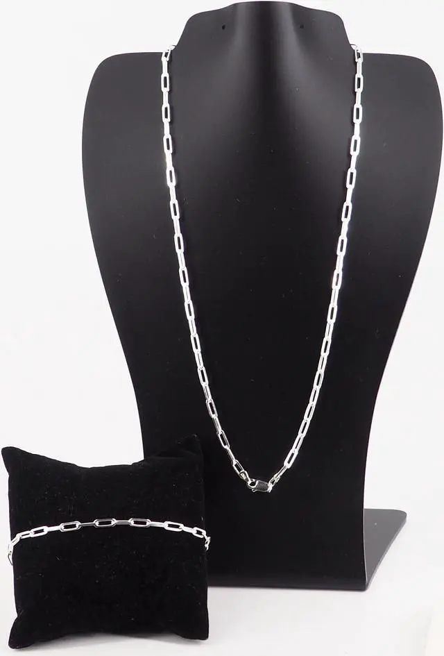 Alt view image 2 of 7 - Solid 925 Sterling Silver Paper Clip Chain Bracelet (7") & Necklace (24") Set Made in Italy