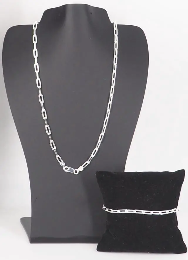 Main image of Solid 925 Sterling Silver Paper Clip Chain Bracelet (7") & Necklace (16") Set Made in Italy