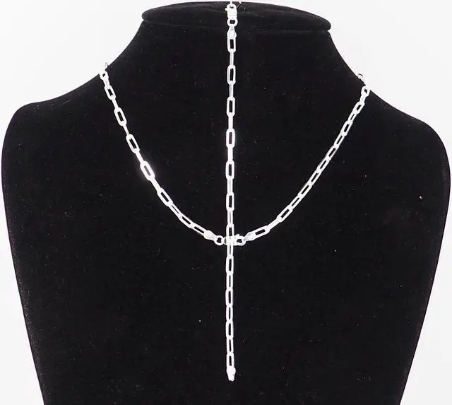 Alt view image 2 of 7 - Solid 925 Sterling Silver Paper Clip Chain Bracelet (7") & Necklace (16") Set Made in Italy