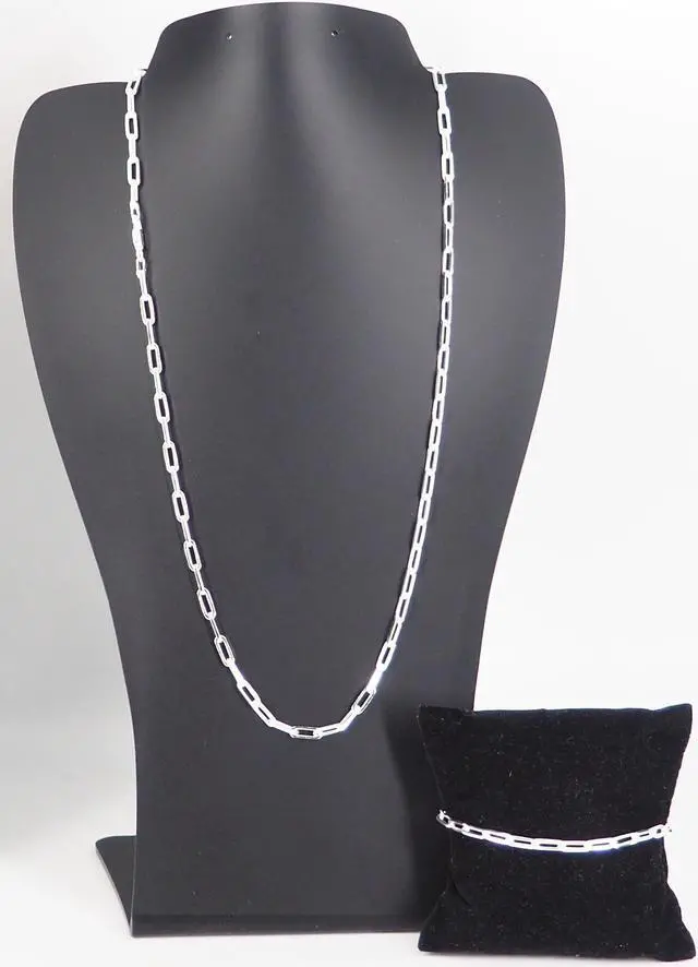 Main image of Solid 925 Sterling Silver Paper Clip Chain Bracelet (7") & Necklace (22") Set Made in Italy