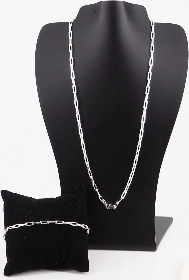 Alt view image 7 of 7 - Solid 925 Sterling Silver Paper Clip Chain Bracelet (7") & Necklace (22") Set Made in Italy