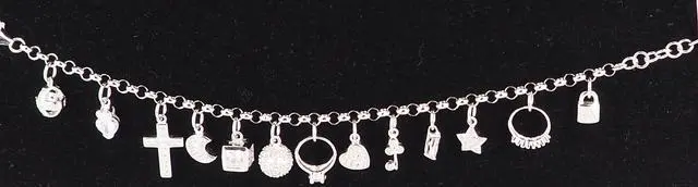 Alt view image 5 of 7 - Solid 925 Sterling Silver Cubic Zirconia CZ Charm Bracelet Dangling Star, Heart, Key & Lock Rhodium Plated