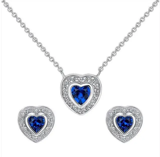 Main image of 925 Sterling Silver Blue Heart Necklace & Earrings Set Made in Italy