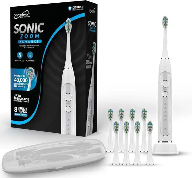 Alt view image 8 of 14 - Supersonic Sonic Zoom Whitening Electric Toothbrush 40,000 VPM 5 Modes 8 Heads TB-5100 White