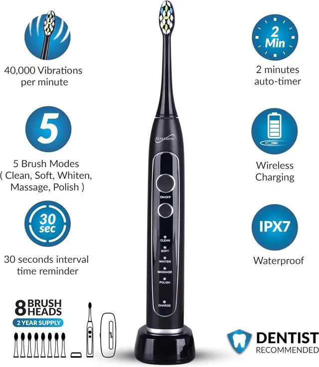 Alt view image 11 of 14 - Supersonic Sonic Zoom Whitening Electric Toothbrush 40,000 VPM 5 Modes 8 Heads TB-5100 Black