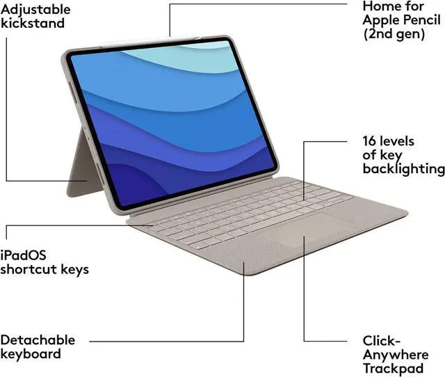 Alt view image 20 of 20 - Logitech Combo Touch Keyboard/Cover Case Folio for 12.9" Apple Logitech iPad Pro 5th Generation Tablet Sand 920010119