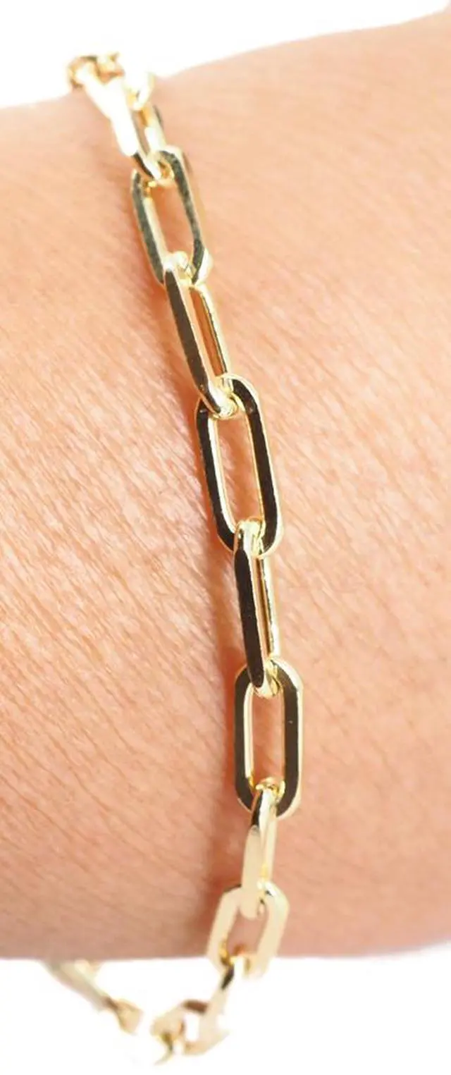 Alt view image 5 of 7 - Solid 925 Sterling Silver 14K Gold plated Paper Clip Bracelet 4mm Width, 7 Inch Paperclip Chain Italy