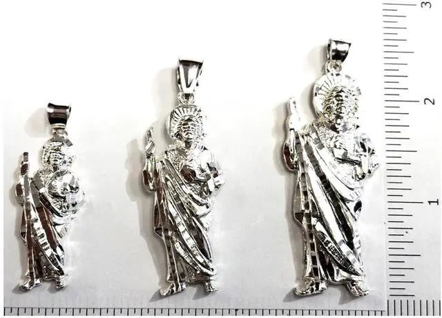 Alt view image 6 of 7 - 925 Sterling Silver Saint Jude (San Judas) Diamond Cut Charm Pendant Necklace, Large, Unisex, All Ages, Italy, MST