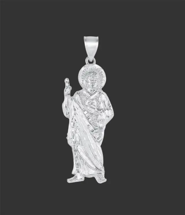 Alt view image 3 of 7 - 925 Sterling Silver Saint Jude (San Judas) Diamond Cut Charm Pendant Necklace, Large, Unisex, All Ages, Italy, MST