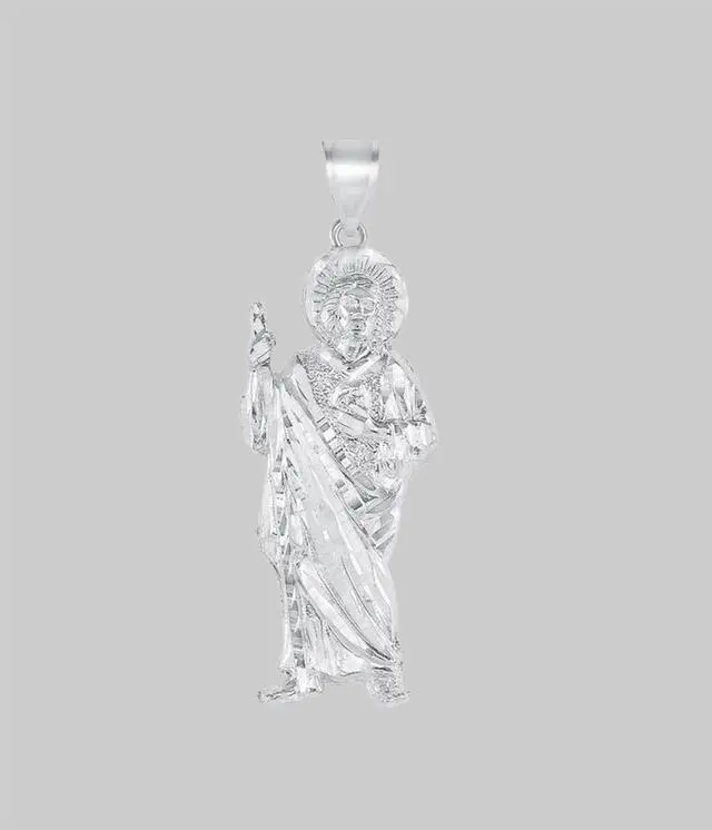 Alt view image 2 of 7 - 925 Sterling Silver Saint Jude (San Judas) Diamond Cut Charm Pendant Necklace, Large, Unisex, All Ages, Italy, MST