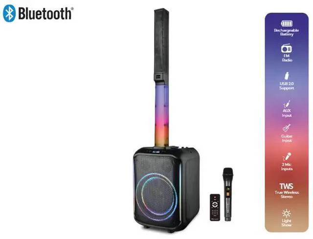 Alt view image 3 of 5 - IQ Sound IQ-8510BT Portable 10-Inch PA Speaker System with Column Array, 160W RMS, Bluetooth, LED Lights, TWS, FM, USB, AUX, Mic/Guitar Inputs