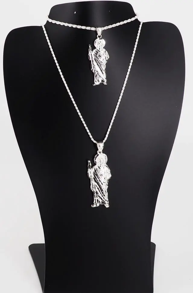 Alt view image 5 of 7 - 925 Sterling Silver Saint Jude (San Judas) Diamond Cut Charm Pendant Necklace, Large, Unisex, All Ages, Italy, MST