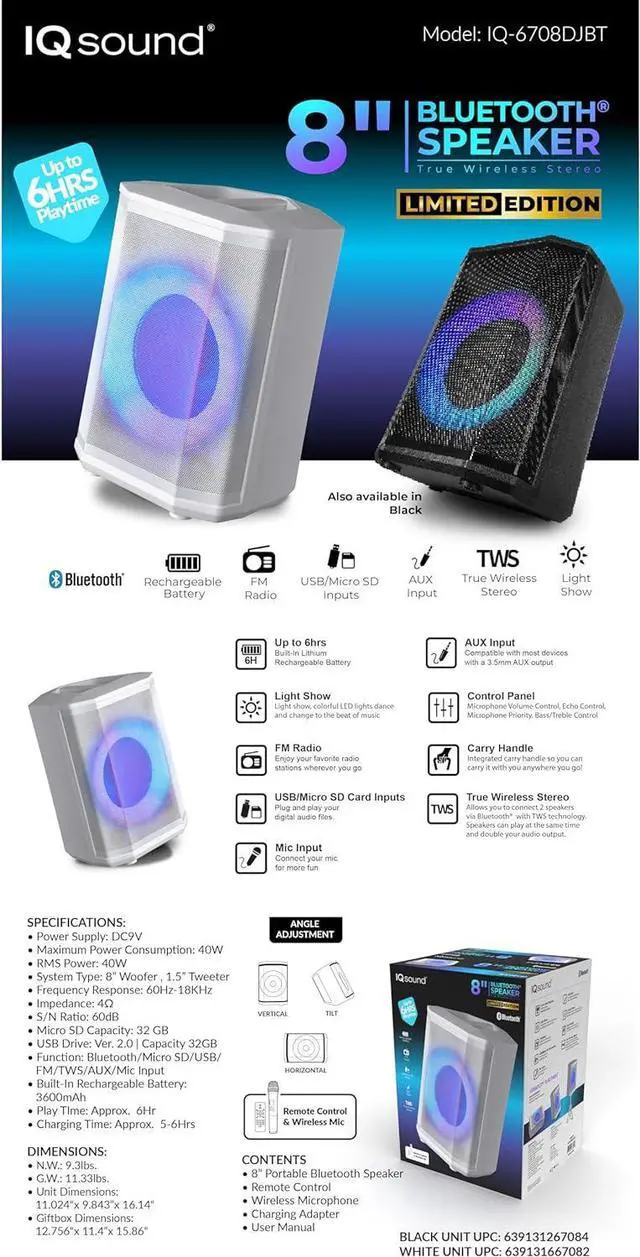 Alt view image 6 of 6 - Supersonic IQ Sound IQ-6708DJBT 8 Portable Bluetooth Speaker, TWS, LED Light Show, FM Radio, Mic & Remote, White