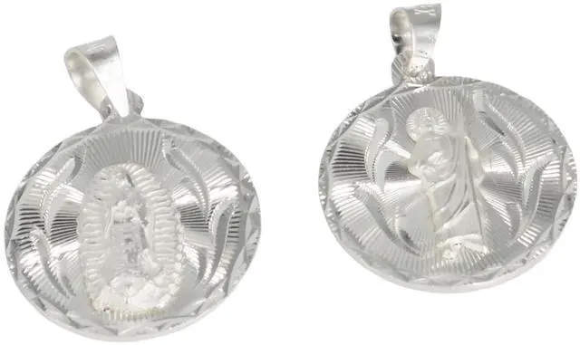 Alt view image 6 of 7 - MST 925 Sterling Silver Virgin Mary & San Judas Double-Sided Diamond Cut Round Pendant, Unisex, Medium