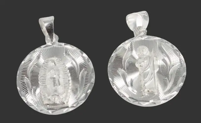Alt view image 2 of 7 - MST 925 Sterling Silver Virgin Mary & San Judas Double-Sided Diamond Cut Round Pendant, Unisex, Medium