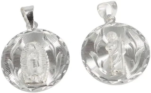 Alt view image 5 of 7 - MST 925 Sterling Silver Virgin Mary & San Judas Double-Sided Diamond Cut Round Pendant, Unisex, Medium