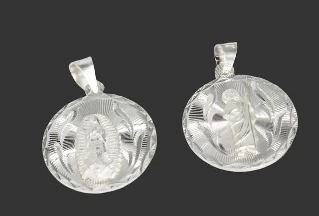 Alt view image 4 of 7 - MST 925 Sterling Silver Virgin Mary & San Judas Double-Sided Diamond Cut Round Pendant, Unisex, Medium