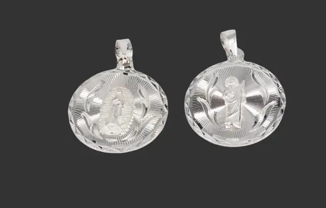 Alt view image 3 of 7 - MST 925 Sterling Silver Virgin Mary & San Judas Double-Sided Diamond Cut Round Pendant, Unisex, All Ages, Large