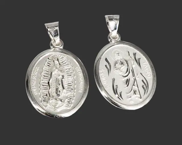 Alt view image 5 of 7 - MST Sterling Silver 925 San Judas & Virgin Mary Two-Sided Oval Pendant, Medium, Unisex, All Ages