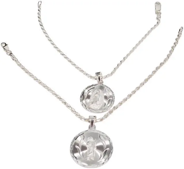 Alt view image 4 of 7 - MST Sterling Silver 925 San Judas & Virgin Mary Two-Sided Oval Pendant, Medium, Unisex, All Ages