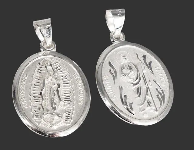 Alt view image 5 of 7 - MST Sterling Silver 925 San Judas & Virgin Mary Two-Sided Oval Pendant, Small, Unisex, All Ages