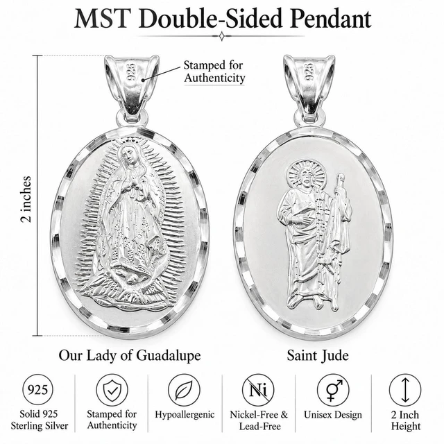 Alt view image 4 of 7 - MST 925 Sterling Silver Guadalupe & Saint Jude 2-Sided Pendant Necklace Unisex, All Ages