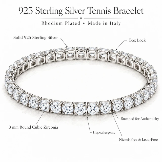 Alt view image 4 of 7 - Solid 925 Sterling Silver 6.5 Tennis Bracelet 3mm Cubic Zirconia Rhodium Plated for Women Italy