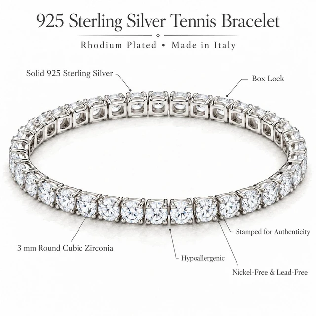 Alt view image 4 of 7 - Solid 925 Sterling Silver 7 Tennis Bracelet 3mm Cubic Zirconia Rhodium Plated for Women Italy