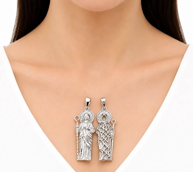 Alt view image 2 of 7 - MST 925 Sterling Silver San Judas Saint Jude 3D Pendant, Baguette Cubic Zirconia Halo, Rhodium Plated, Unisex, Made in Italy